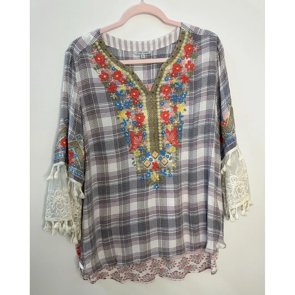 John Mark Boho Embroidered Plaid Tunic Top Lace Tassel Sleeve Blouse Womens XL - Picture 13 of 14